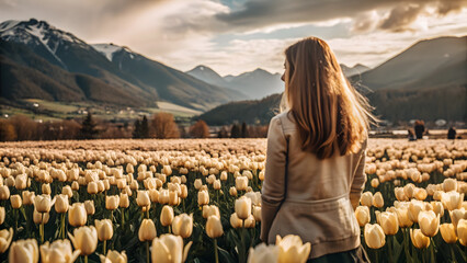 Woman Standing in Blooming Tulip Field at Sunset with Majestic Mountain View