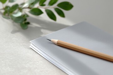 top-down view of sketchbook with single pencil resting on table surrounded by ample copy space for text