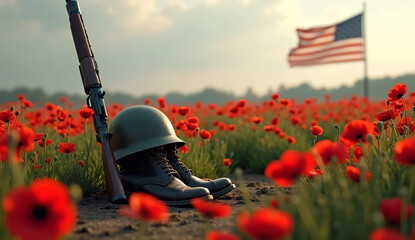 Memorial Day Soldier Tribute with Rifle, Boots, and Helmet in Field of Poppies"
