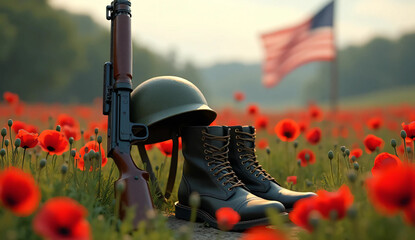 Memorial Day Soldier Tribute with Rifle, Boots, and Helmet in Field of Poppies"