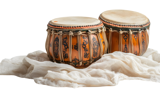 Traditional Tabla Drums on White Cloth - Isolated on White Background