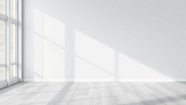 Heller, leerer Raum in verschiedenen Wei&szlig;t&ouml;nen mit Fensterlicht. Ruhiges und modernes Interieur in Monochrom.