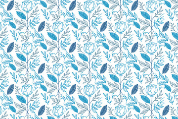 abstract blue seamless floral pattern with hand drawn one line leaves and flowers for fashion design and product wrapping


