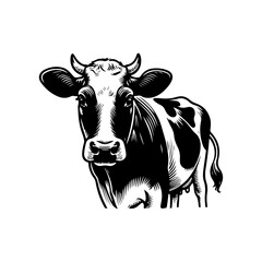 Black and white cow on a white background in a rural farming setting