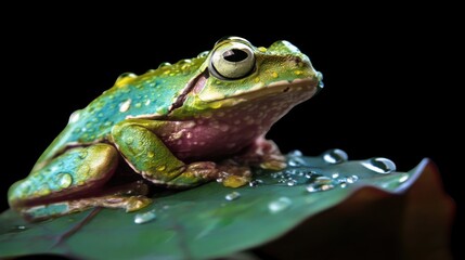 Obraz premium green frog sits on a leaf dark background