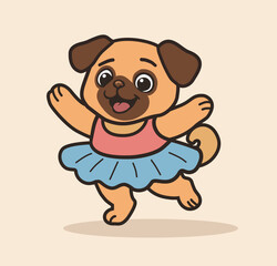 Cute cartoon pug in a ballet dress dancing happily. Adorable dog character wearing tutu skirt. Funny pet art for kids, posters, cards, and merchandise.