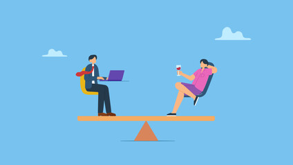 Vector illustration of work life balance concept. Employee, entrepreneur, businessman tries to balance his body on a seesaws. 