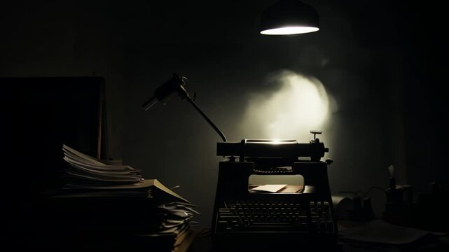 Vintage typewriter blowing smoke in dark room