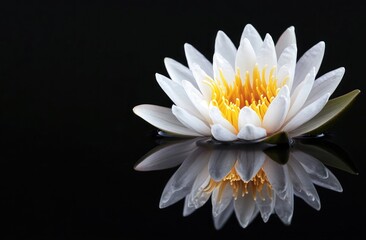 A beautiful white water lily with reflection in dark water