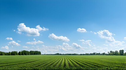 Fototapeta premium Panoramic View Of Green Agricultural Field Under Sunny Blue Sky