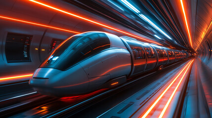 Fototapeta premium Explore a futuristic underground hyperloop station with sleek design, neon-lit tunnels, and passengers boarding. High-tech, modern, and sci-fi inspired transit hub.