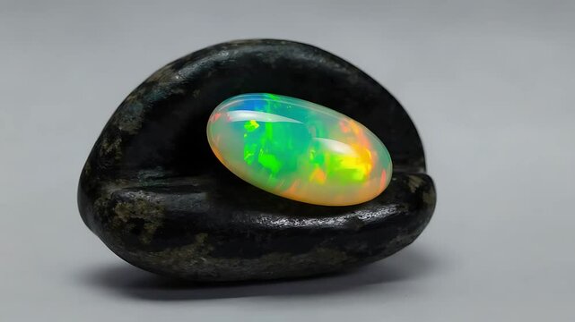 Neon opal gemstone on stone background