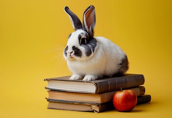 a black and white dutch rabbit sits atop a stack of vintage books next to a red apple against a vibrant yellow background.