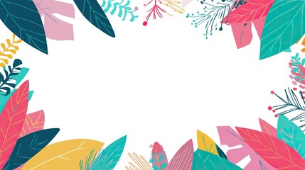 Obraz premium Flat vector design with white background showing colorful tropical leaves, placed along the top and bottom of the frame, perfect for social media banners or summer graphics.