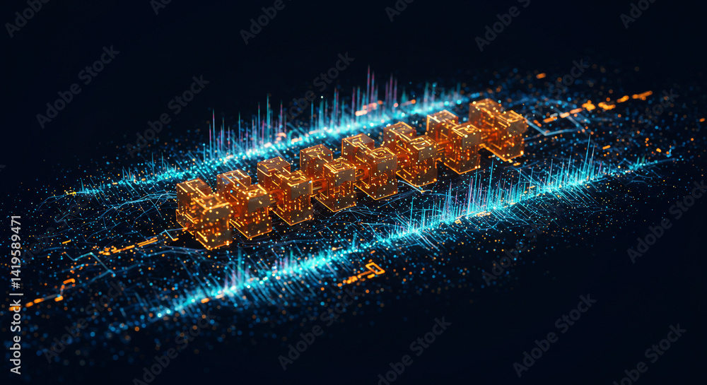 Poster a digital landscape featuring golden block structures with vibrant blue and orange data streams flow
