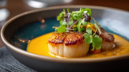 fried scallops with yellow sauce in a restaurant