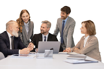 Group of young modern people using modern technologies while working on a transparent background
