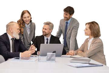 Group of young modern people using modern technologies while working on a transparent background