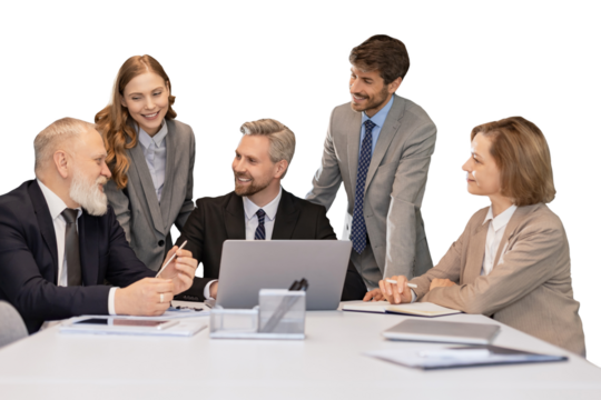 Group of young modern people using modern technologies while working on a transparent background