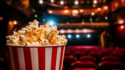 A close-up of a striped popcorn bucket in a vintage theater, with blurred audience seats and stage lights