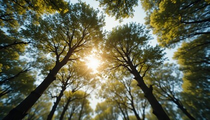 Fototapeta premium Sunlight filtering through tall trees in a lush forest nature photography peaceful environment wide-angle viewpoint tranquility concept