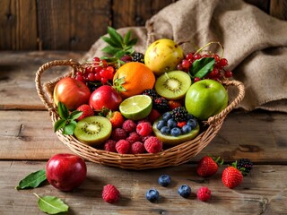 Fresh berries and fruit in a burlap basket on a wooden background