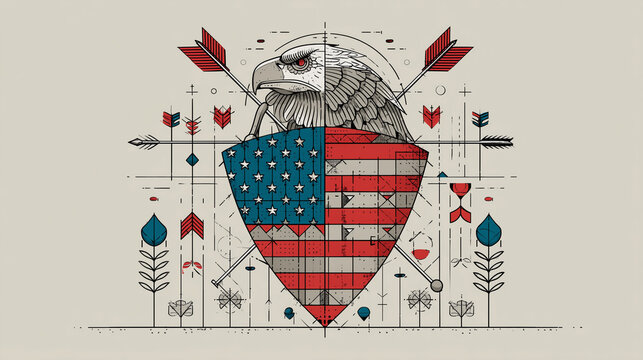 Illustration symbolique du protectionnisme am&eacute;ricain &ndash; drapeau des &Eacute;tats-Unis comme bouclier contre les importations