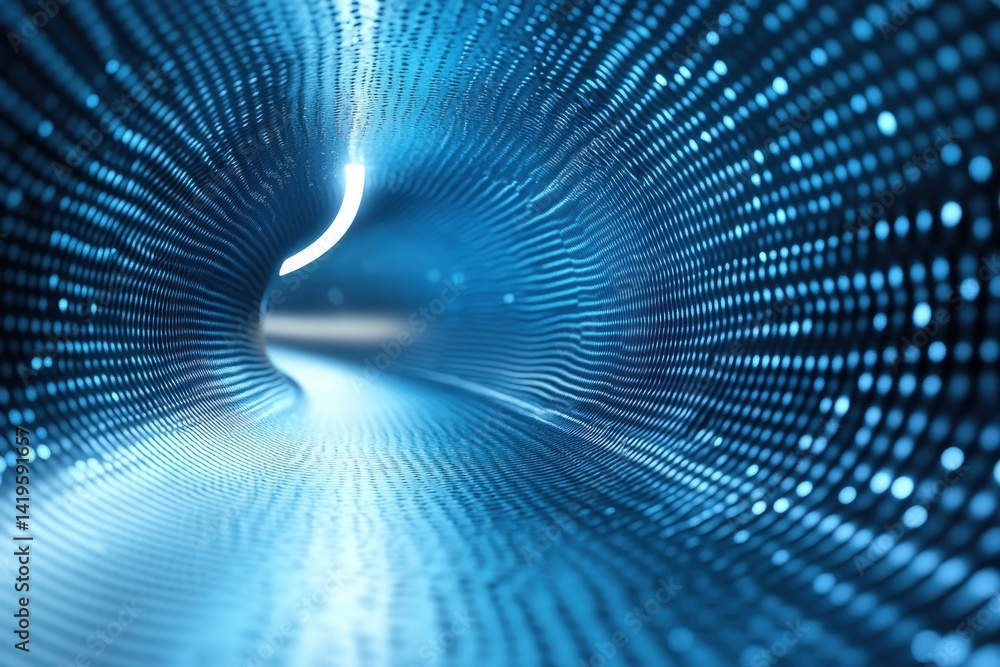 Poster illuminated tunnel of blue digital patterns with flowing light and depth perception