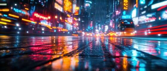 Obraz premium Rainy Night in the City: Vibrant Reflections on Wet Pavement