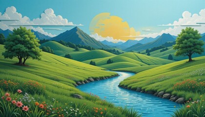 Obraz premium Tranquil river flowing through lush green hills at sunrise nature scene vibrant landscape serene viewpoint outdoor beauty