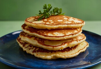 a stack of golden brown pancakes topped with a sprig of parsley sits on a blue plate against a vibrant green background.