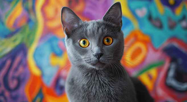 Um close-up de um gato cinza com olhos amarelos brilhantes sentado em frente a um fundo vibrante e colorido