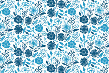 minimal blue floral art pattern with continuous one line leaves and flowers for fashion fabric and home textile prints

