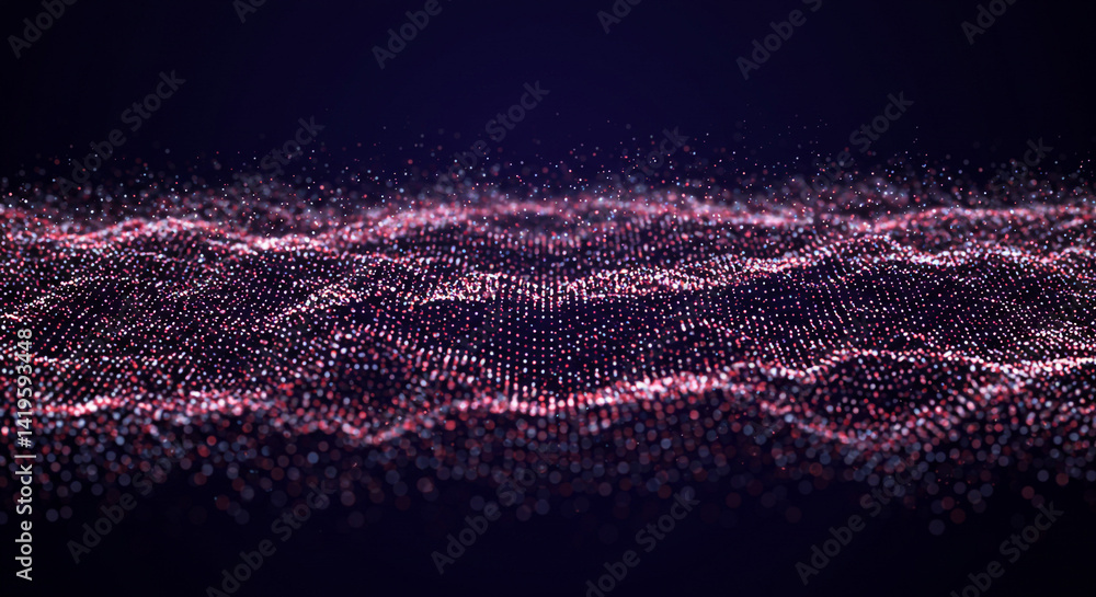 Poster abstract shimmering pink and white particles forming a wave like pattern against a dark background
