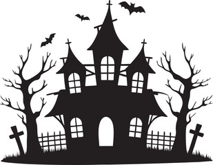 Halloween witch house black silhouette vector illustration on white background
