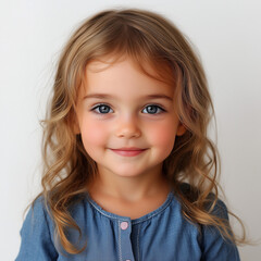 smiling little girl with wavy hair and blue eyes, wearing blue shirt, radiates joy and innocence against white background. Her cheerful expression captures essence of childhood