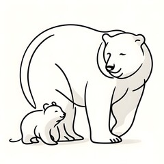 A mother bear looks tenderly at her cub in a minimalist style,   single line