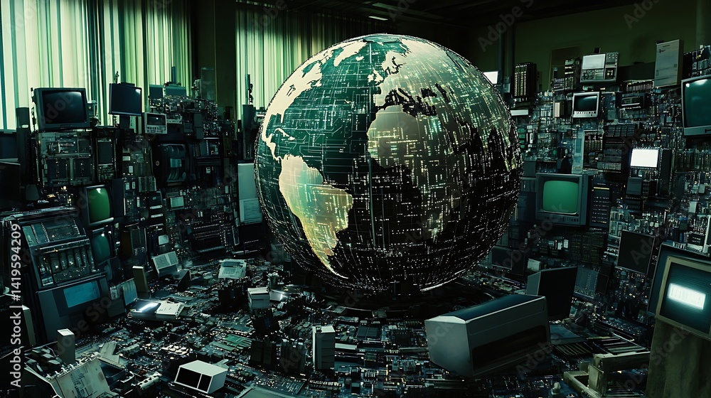 Poster a globe made of circuit boards surrounded by vintage computers in a tech-filled room