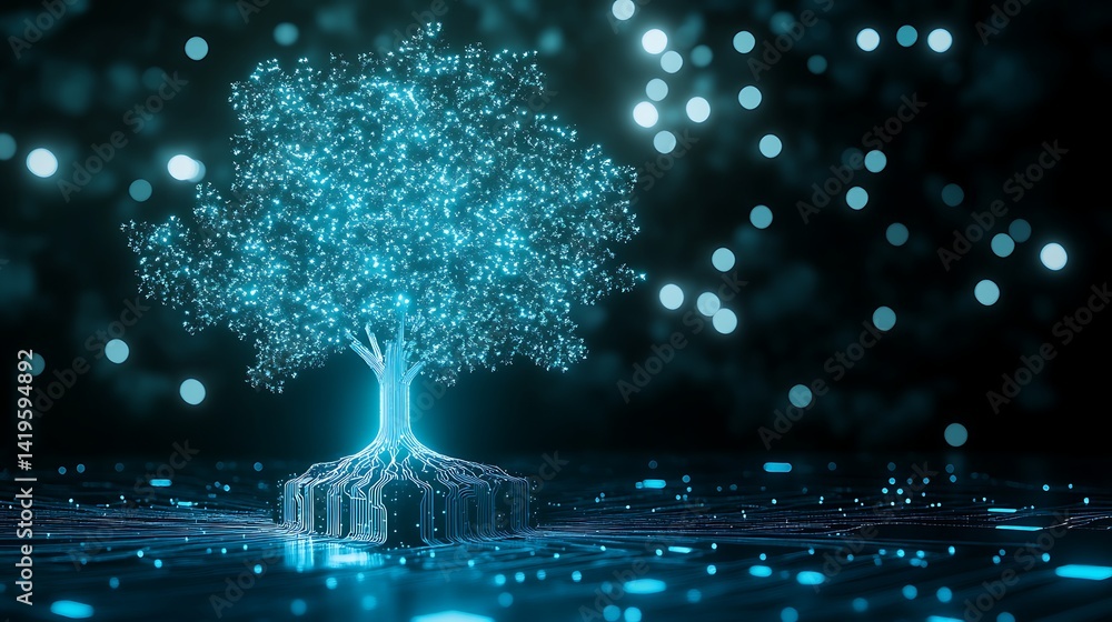 Poster a glowing digital tree with luminescent roots and branches, set against a dark, bokeh background