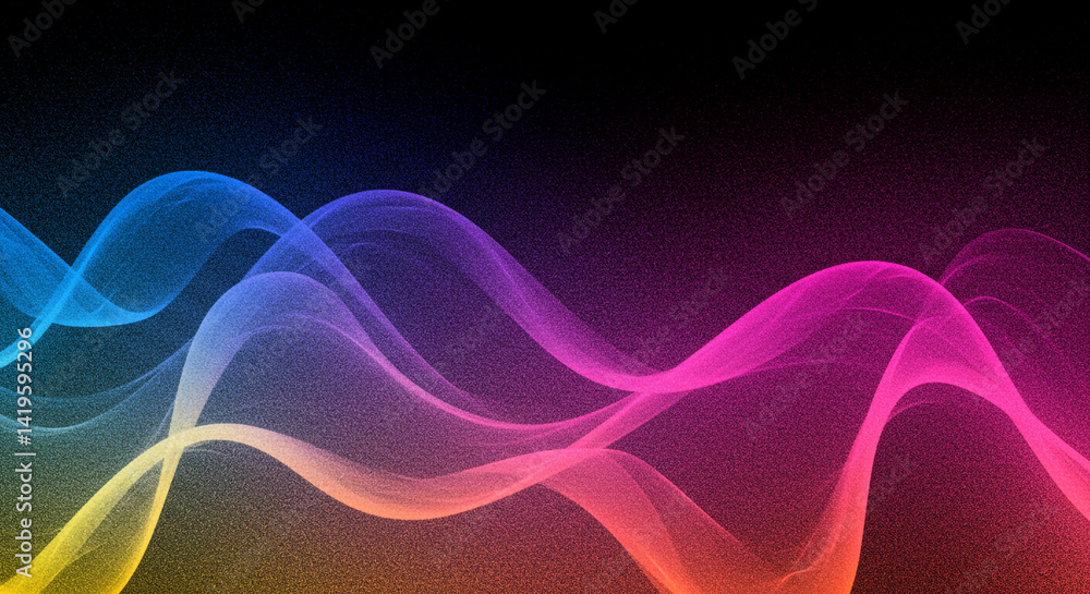 Poster abstract waves of vibrant colors flowing against a dark background with a grainy texture effect
