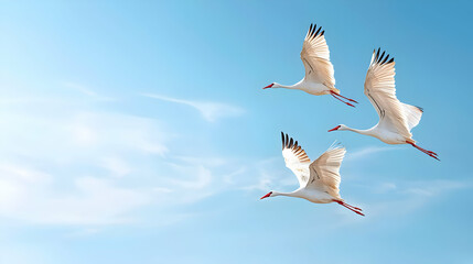 Fototapeta premium Three White Cranes Soaring Through A Light Blue Sky