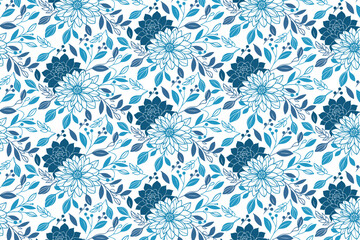 stylish blue one line flower and leaf pattern in seamless repeat design for bedsheet cover fabric and trendy wallpaper

