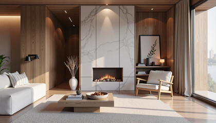 Modern Living Room with Fireplace and Wooden Walls Featuring Minimalist Decor for Interior Design Blogs, Real Estate Websites, Luxury Lifestyle, and Home Staging Projects