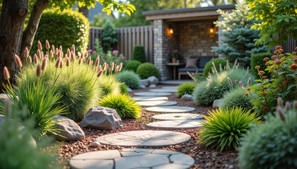 Obraz premium Zen Garden Path with Ornamental Grasses and Stone Shelter for Landscape Design, Backyard Ideas, Garden Blogs, Serene Spaces, and Outdoor Living Concepts