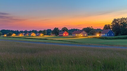 Fototapeta premium Scenic sunset over tranquil village with colorful houses and fields