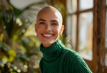 a smiling bald woman in a green turtleneck poses confidently in front of a blurred window.