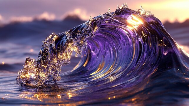 Hyper-realistic liquid metal waves with reflective surfaces, in purple and gold color, movie-level lighting effects, and high-detail 3D rendering, showing the Behance popular style.