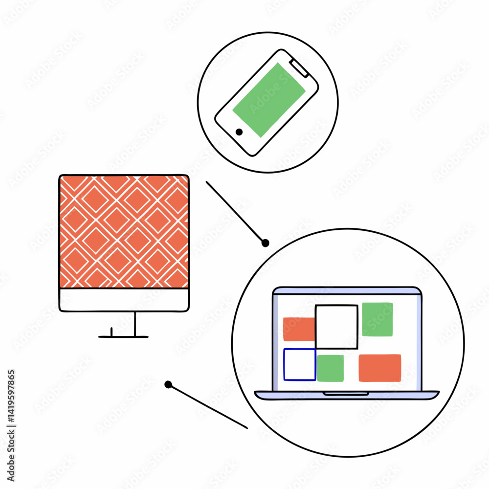 Aufkleber modern illustration featuring desktop computer with patterned screen, laptop displaying colorful blo