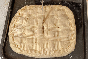 Freshly cooked pie from dough with filling on a dark baking sheet, decorated with a pattern with a...