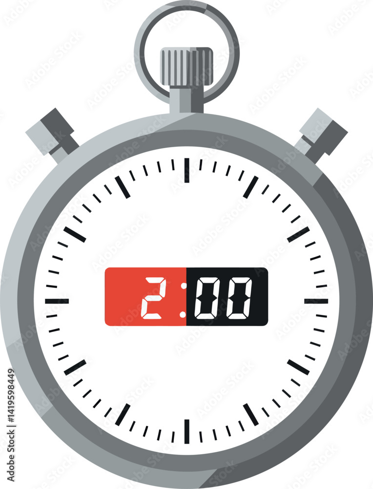 Poster stopwatch timer showing two minutes in flat minimal style with digital and analog display vector ill